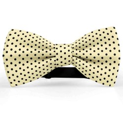 Bow Tie for Men, beige, butterfly, silk satin, with model, shiny, black centered small dots, handmade 