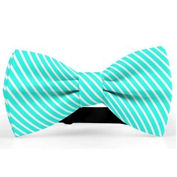 Bow Tie for Men, turqoise, butterfly, silk satin, with model, shiny, white oblique thin stripes, handmade 