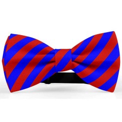 Bow Tie for Men, blue, butterfly, silk satin, with model, shiny, red oblique wide stripes, handmade 