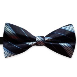 Bow Tie for Men, navy blue, classic, silk satin, with model, shiny, white oblique thin stripes