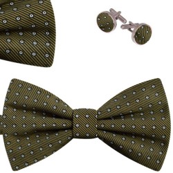 Bow Tie, Handkerchief and Cufflinks Set, khaki, butterfly, silk satin, with model, non-shiny, whitesmall circles, handmade 
