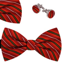 Bow Tie, Handkerchief and Cufflinks Set, red, butterfly, silk satin, with model, non-shiny, thin stripes, handmade 
