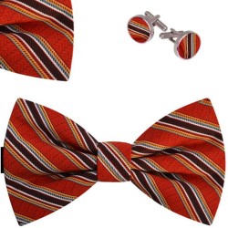 Bow Tie, Handkerchief and Cufflinks Set, red, butterfly, silk satin, with model, non-shiny, stripes, handmade 