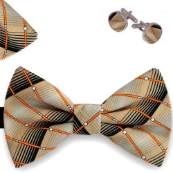 Bow Tie, Handkerchief and Cufflinks Set, beige, butterfly, silk satin, with model, non-shiny, slim stripes, handmade, casual