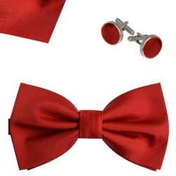 Bow Tie, Handkerchief and Cufflinks Set, red, butterfly, silk satin, uni, shiny, handmade 