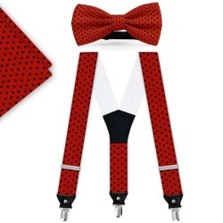 Bow Tie, Suspenders, Handkerchief Set, red, with model, black small dots, handmade 