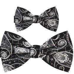 Father and son bow ties, pre-tied handmade black set, floral white pattern